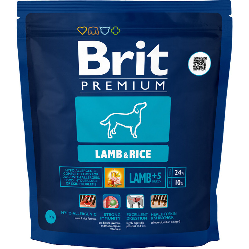Корм Brit Premium Lamb Rice с ягнёнком и рисом для всех пород собак гипоаллергенный, 1кг