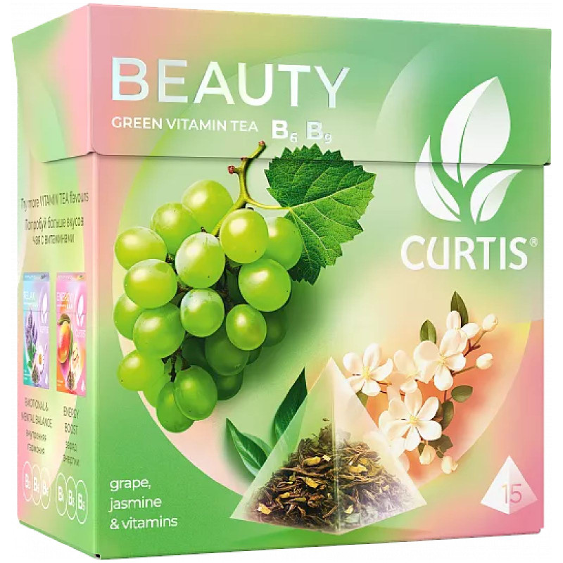 Чай зелёный Curtis Beauty с кусочками винограда и лепестками жасмина листовой, 18х1.7г