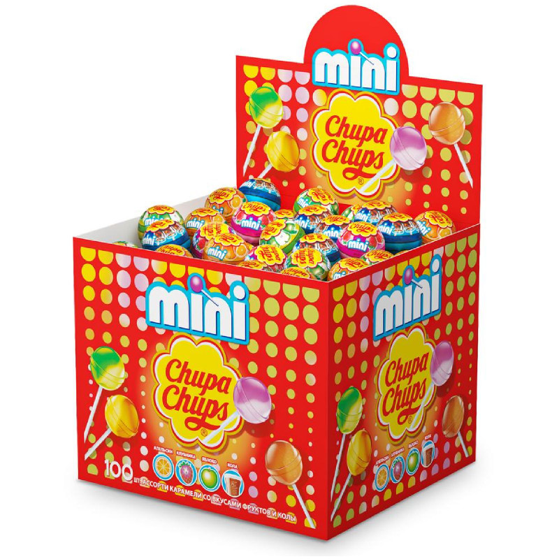 Карамель Chupa Chups Mini со вкусом клубники яблока апельсина колы, 600г