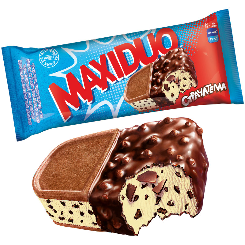 Мороженое молочное Maxiduo Страчателла ваниль и кусочки тёмного шоколада 6%, 92г