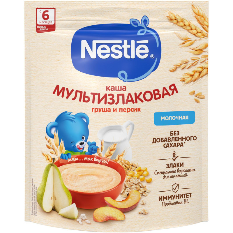 Каша Nestlé молочная мультизлаковая груша-персик с бифидобактериями BL с 6 месяцев, 200г