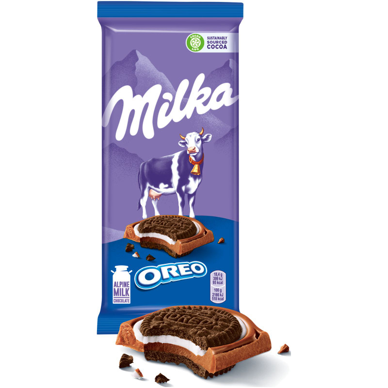 Шоколад молочный Milka с начинкой со вкусом ванили и печеньем Орео, 92г — фото 2