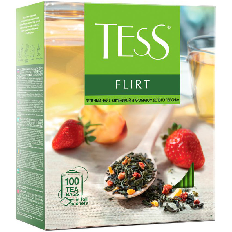 Чай Tess Флирт зелёный байховый с клубникой и ароматом белого персика в пакетиках, 100х1.5г — фото 2