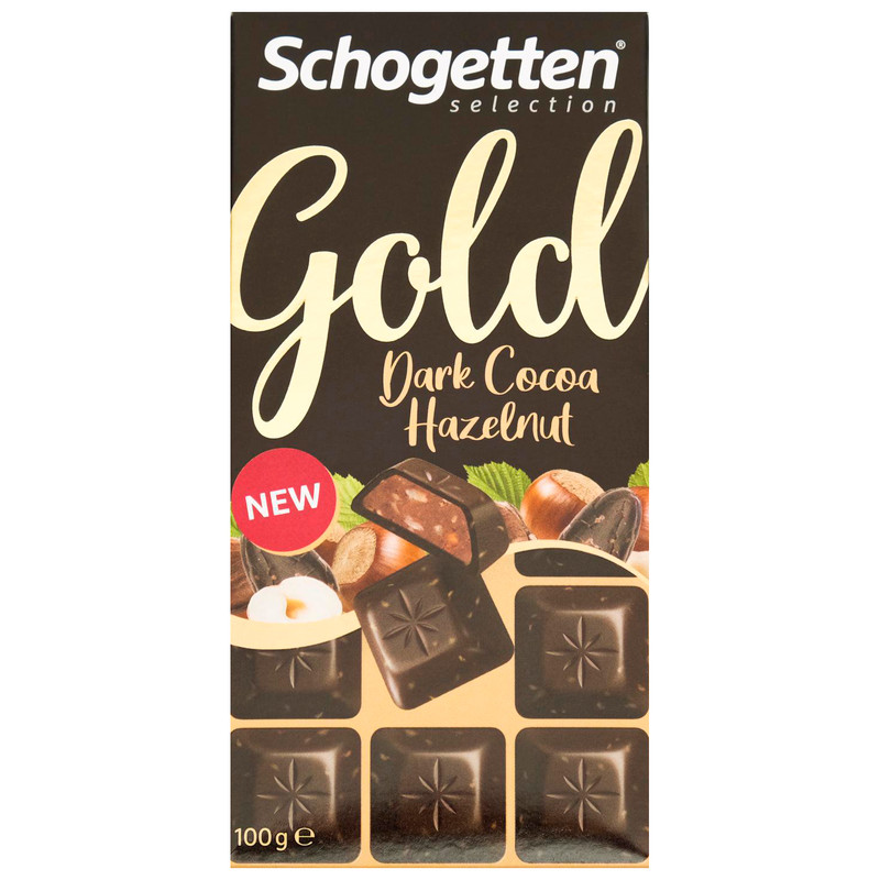Шоколад тёмный Schogetten Gold с дроблённым фундуком и начинкой из какао-крема с фундуком, 100г