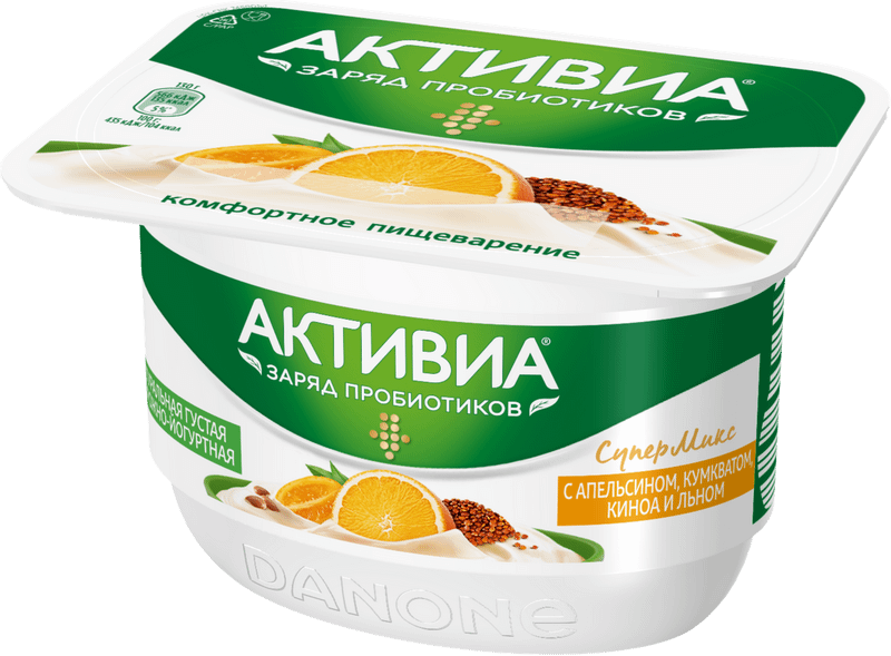 Биопродукт Активиа творожно-йогуртный апельсин-кумкватом-киноа-семена льна 4%, 130г