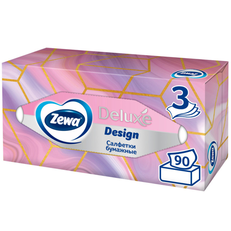 Салфетки бумажные Zewa Deluxe Дизайн косметические 3 слоя, 90шт — фото 1