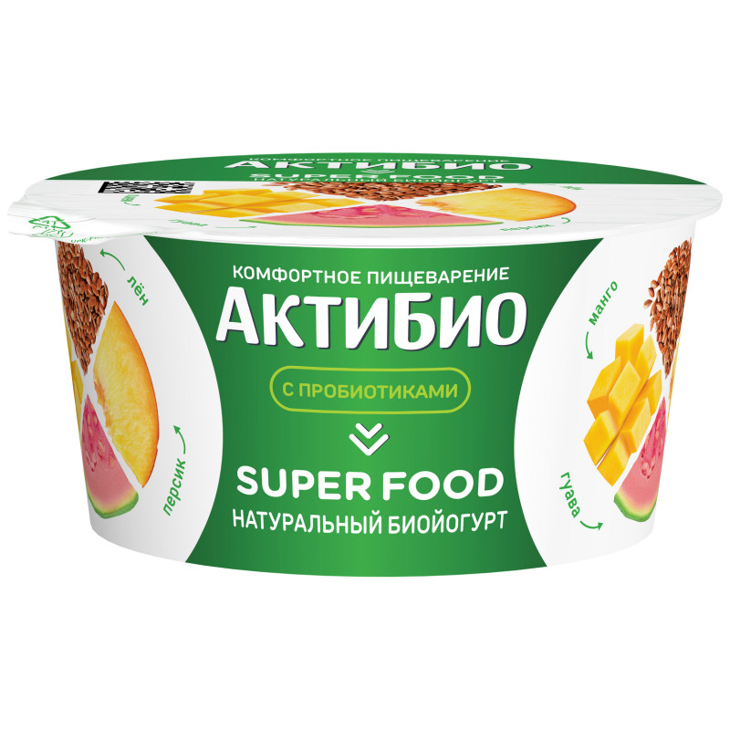 Биойогурт Актибио Super Food с персиком манго семенами чиа и льна с бифидобактериями 2.2%, 140г
