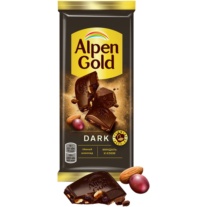 Шоколад тёмный Alpen Gold с изюмом и миндалем, 80г — фото 1