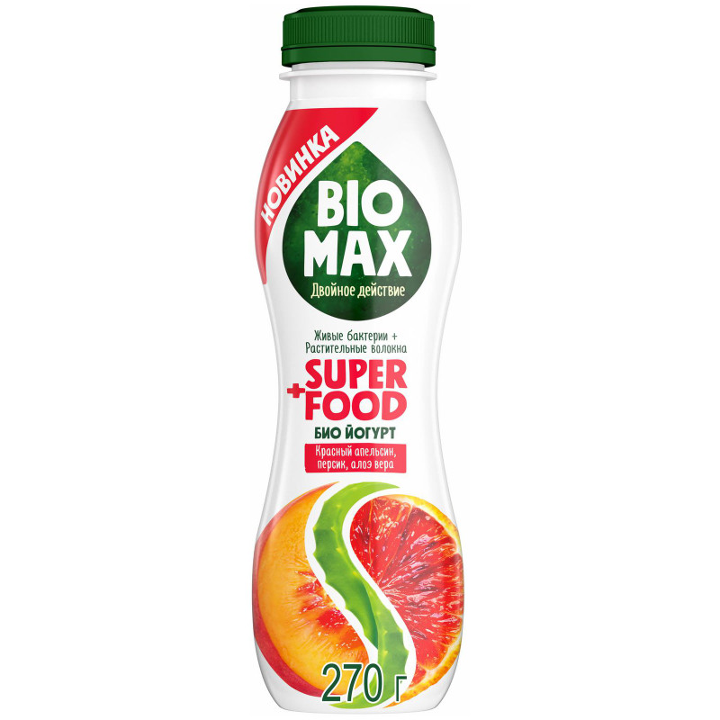 Биойогурт BioMax Красный апельсин-Персик-Алоэ 1.5%, 270мл