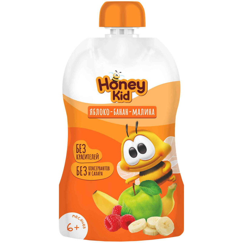 Пюре Honey Kid из яблок банана и малины с 6 месяцев, 90г