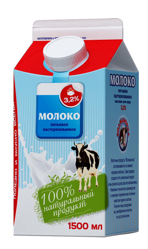 Молоко Волжаночка питьевое пастеризованное 3.2%, 1.5л