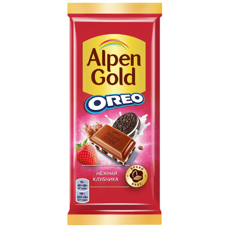 Шоколад молочный Alpen Gold Нежная Клубника с кусочками печенья Орео, 85г — фото 1