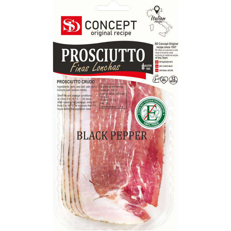 Продукт мясной SD Прошутто с черным перцем свинина сыровяленая категории А, 50г
