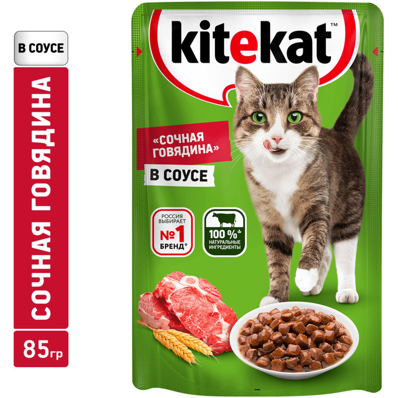 Влажный корм Kitekat для взрослых кошек со вкусом говядины в соусе Сочная говядина, 85г — фото 1