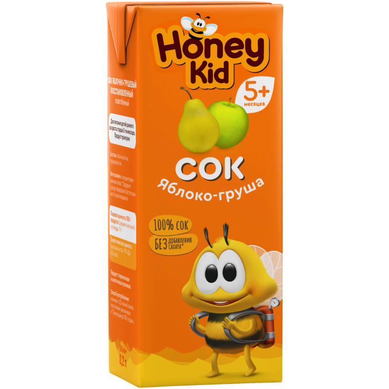Сок яблочно-грушевый восстановленный осветленный Honey Kid, 200мл