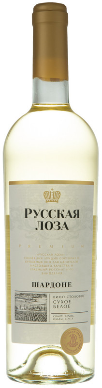 Вино Русская Лоза Шардоне белое сухое 12%, 750мл — фото 1