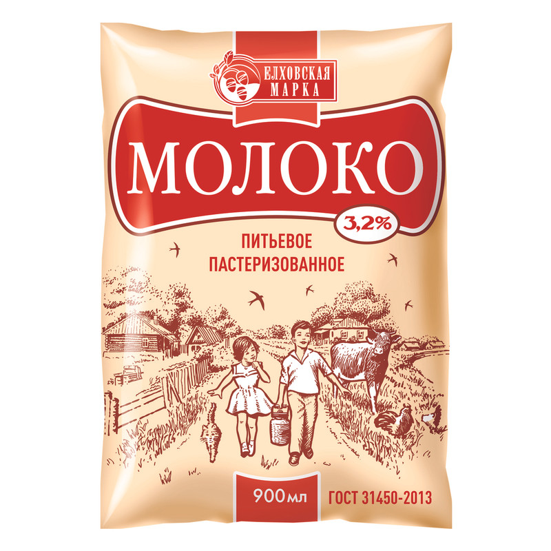 Молоко Елховская Марка питьевое пастеризованное 3.2%, 900мл
