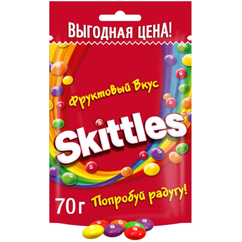 Драже Skittles Фруктовый вкус в сахарной глазури лимон-лайм-апельсин-клубника-смородина, 70г