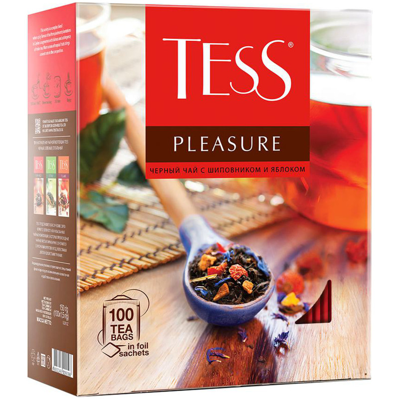 Чай Tess Pleasure чёрный байховый с шиповником и яблоком в пакетиках, 100х1.5г — фото 2
