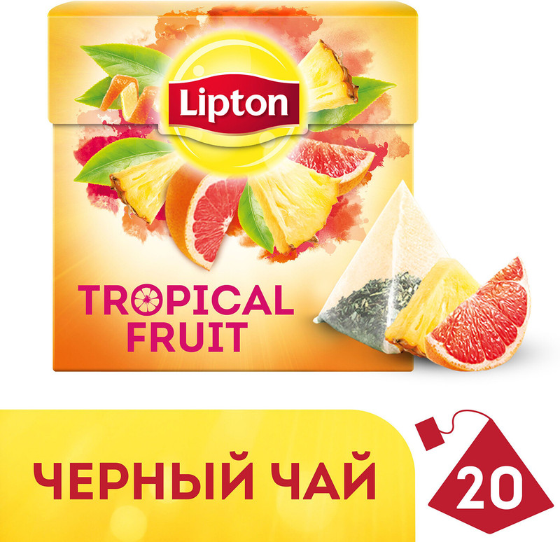 Чай Lipton Tropical Fruit чёрный с ананасом и грейпфрутом в пирамидках, 20х1.8г — фото 1