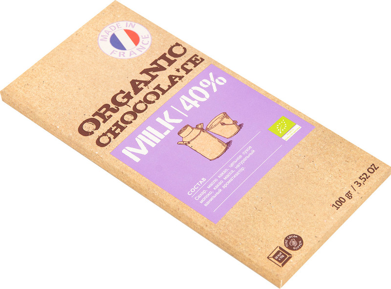 Шоколад молочный Organic Chocolate 40%, 100г — фото 2