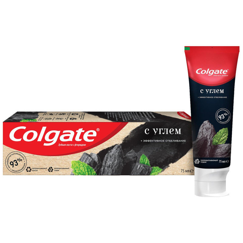 Зубная паста Colgate Naturals с натуральным углем и мятой отбеливающая с фторидом, 75мл — фото 1