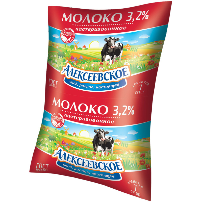 Молоко Алексеевское пастеризованное 3.2%, 900мл
