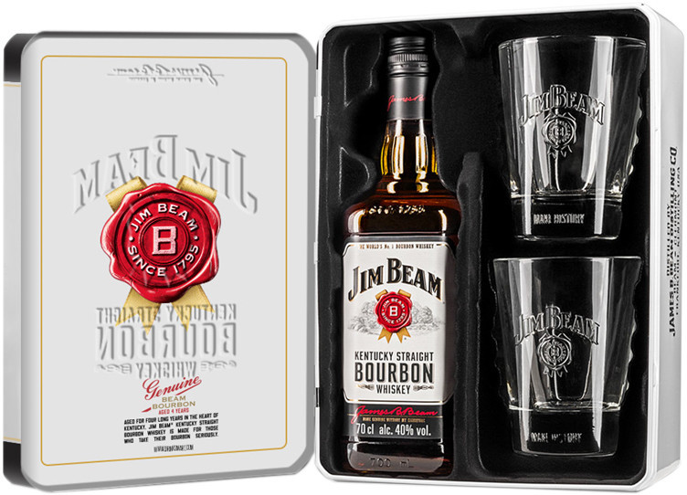 Виски Jim Beam Вайт Бурбон 40% в подарочной упаковке, 700мл + 2 стакана