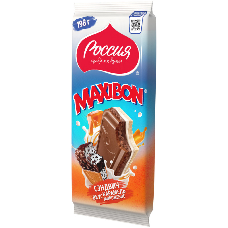 Шоколад Россия - Щедрая Душа Maxibon Сэндвич молочный и белый шоколад с двухслойной начинкой с печеньем, со вкусом карамели и мороженого, 198г — фото 3