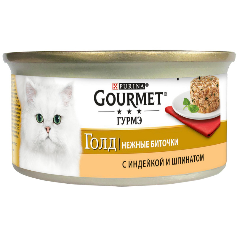 Корм Gourmet Gold нежные биточки с индейкой и шпинатом для кошек, 85г