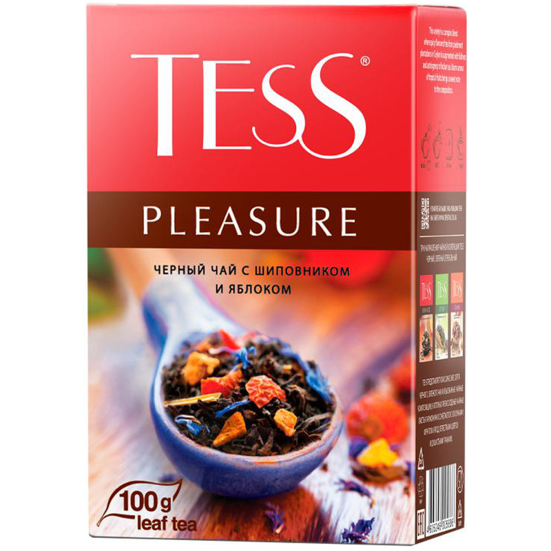 Чай Tess Pleasure чёрный с шиповником и яблоком листовой, 100г — фото 1