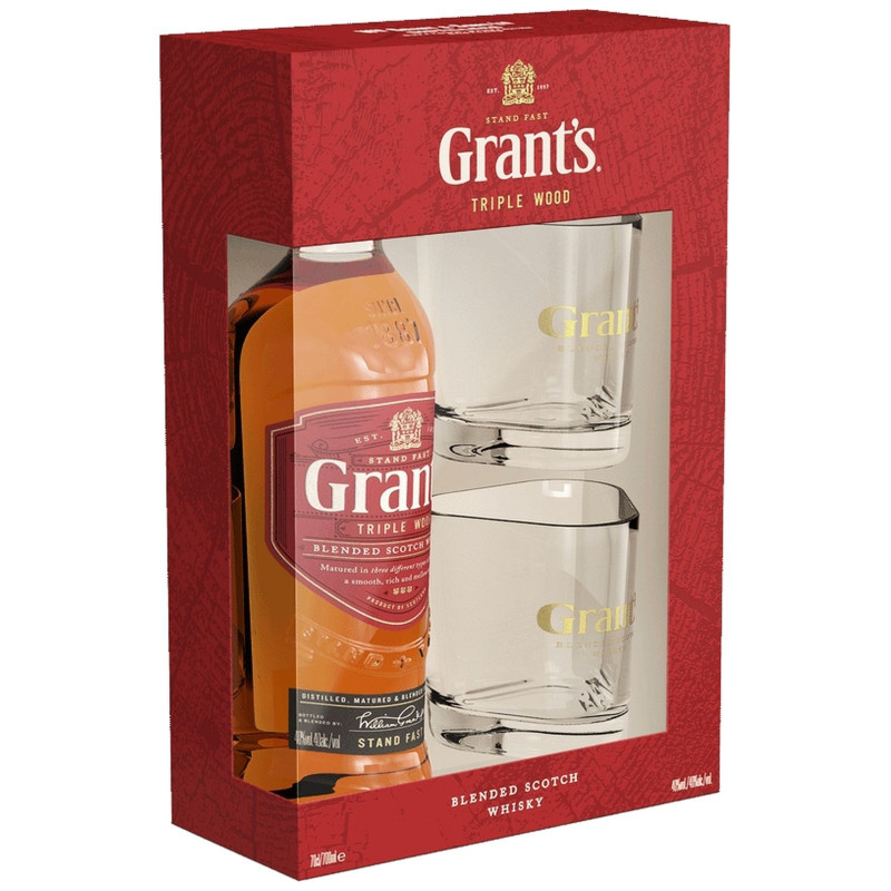 Виски Grants Triple Wood шотландский 40% с двумя бокалами, 700мл