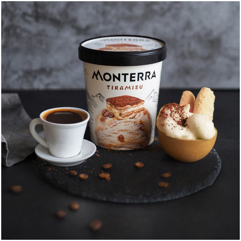 Мороженое пломбир Monterra Tiramisu с сыром маскарпоне и кусочками печенья Тирамису 14%, 277г — фото 1