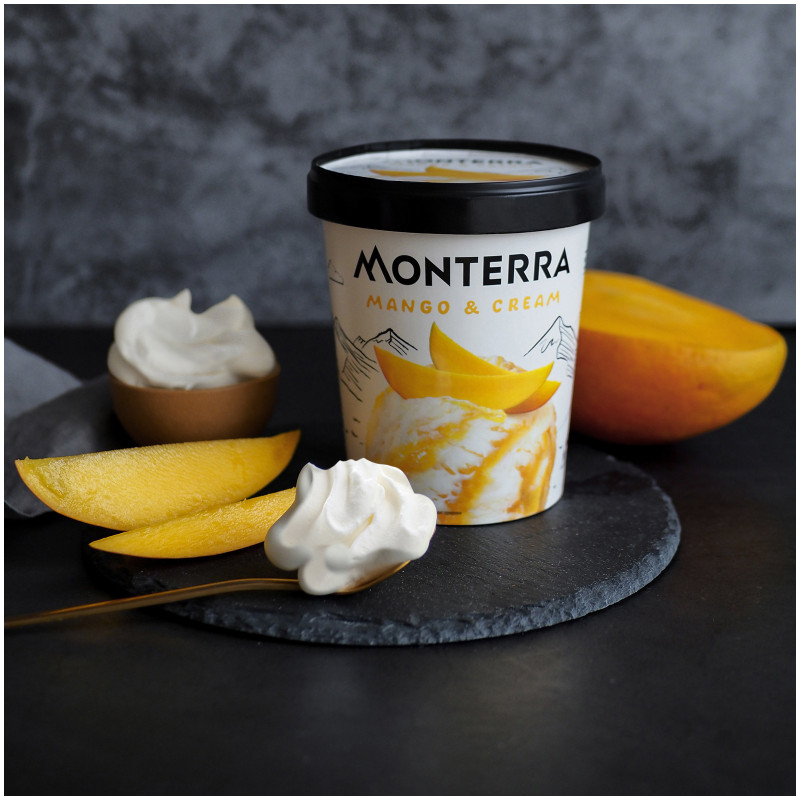 Мороженое пломбир Monterra Mango&Cream с манговым наполнителем и кусочками манго 12.5%, 281г — фото 1