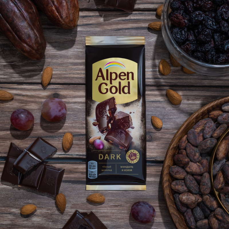 Шоколад тёмный Alpen Gold с изюмом и миндалем, 80г — фото 3