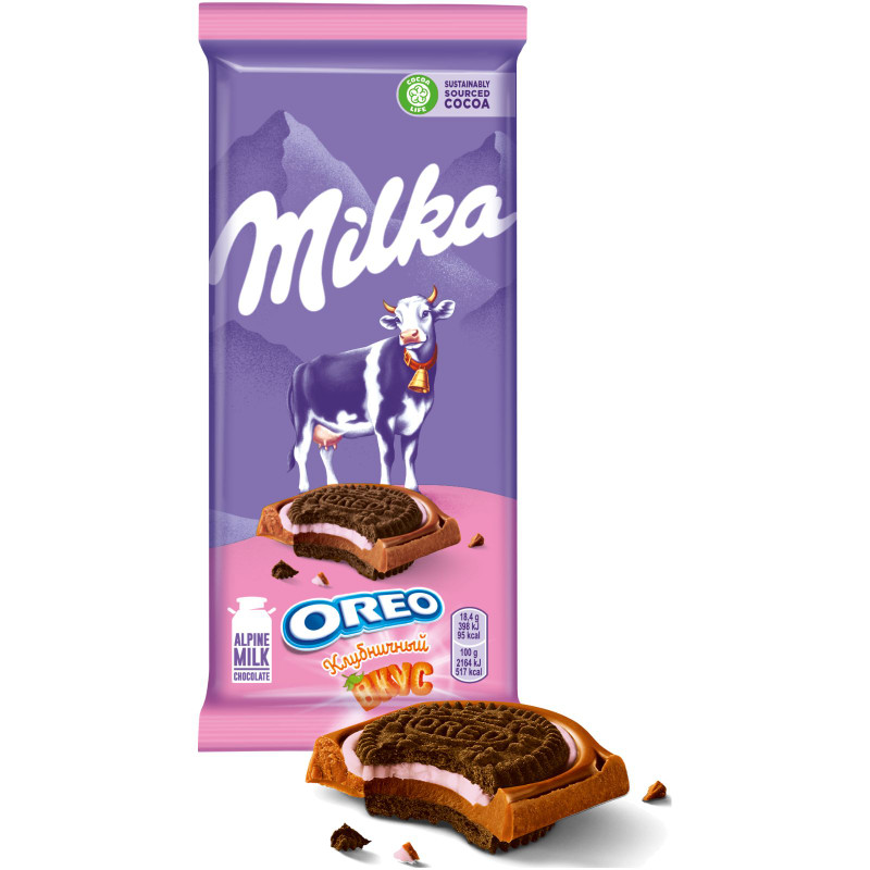 Шоколад молочный Milka с круглым печеньем Oreo с начинкой со вкусом клубники, 92г — фото 2