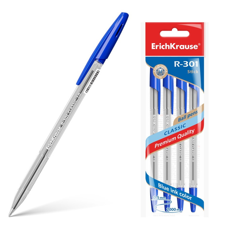 Набор ручек Erich Krause R-301 Classic Stick 1.0 шариковых синих, 4шт