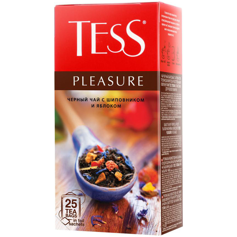 Чай Tess Pleasure чёрный с шиповником и яблоком в пакетиках, 25х1.5г — фото 1