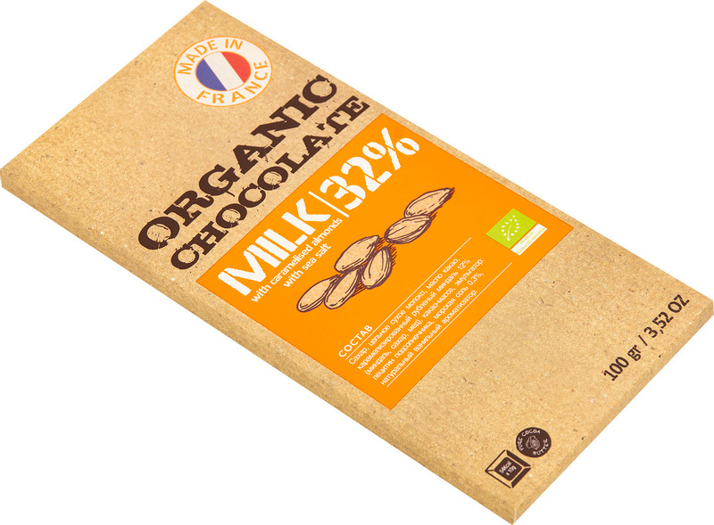Шоколад молочный Organic Chocolate с миндалём и морской солью 32%, 100г — фото 1