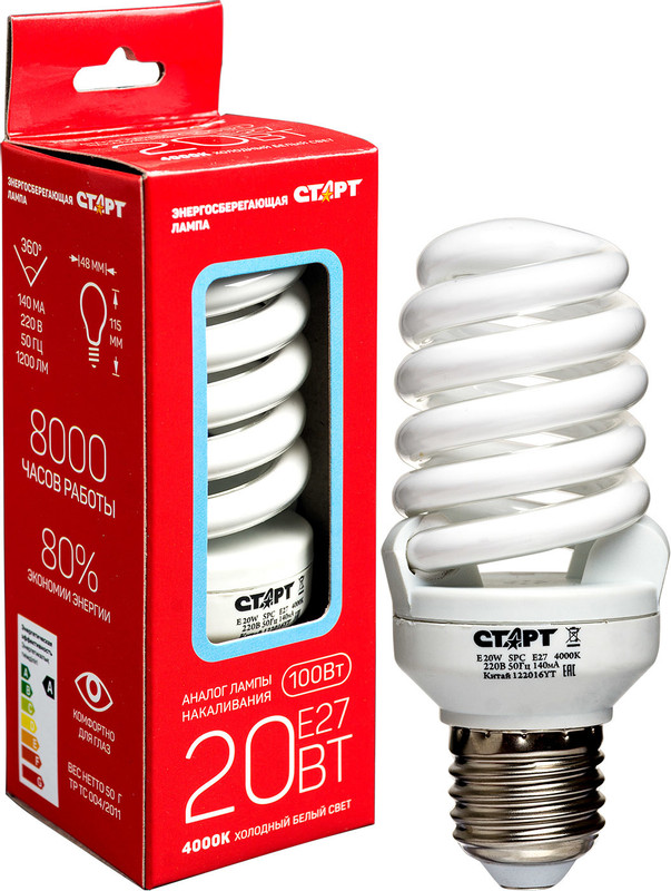 Лампа энергосберегающая Старт E 20W SPC E27 4000K 8Y энергосберегающая — фото 7