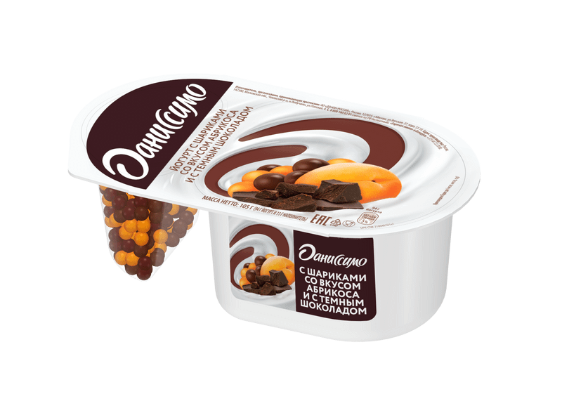 Йогурт Даниссимо Фантазия хрустящие злаковые шарики со вкусом абрикоса в белом и тёмном шоколаде 6.9%, 105г — фото 2