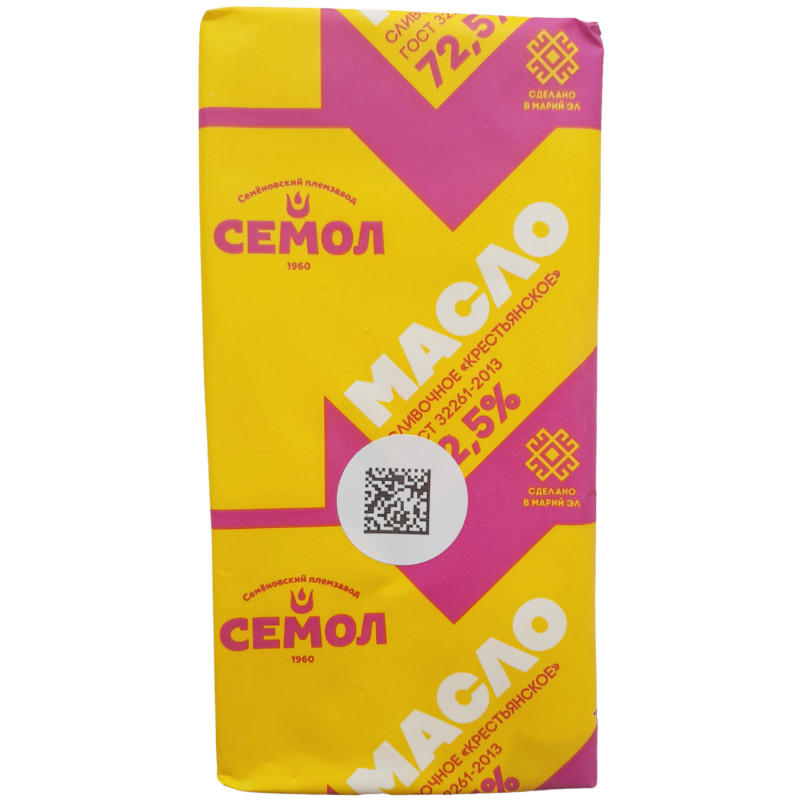 Масло Семол Крестьянское сладко-сливочное несоленое 72.5%, 180г