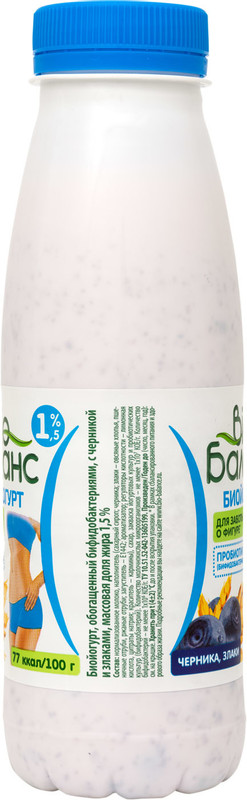 Биойогурт Bio Баланс питьевой черника-злаки 1.5%, 330мл — фото 1