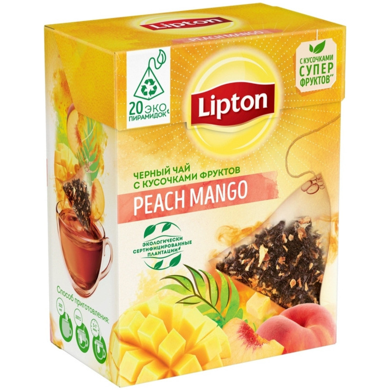 Чай Lipton Peach Mango черный с кусочками фруктов аромат персика и манго в пирамидках, 20x1.8г — фото 2