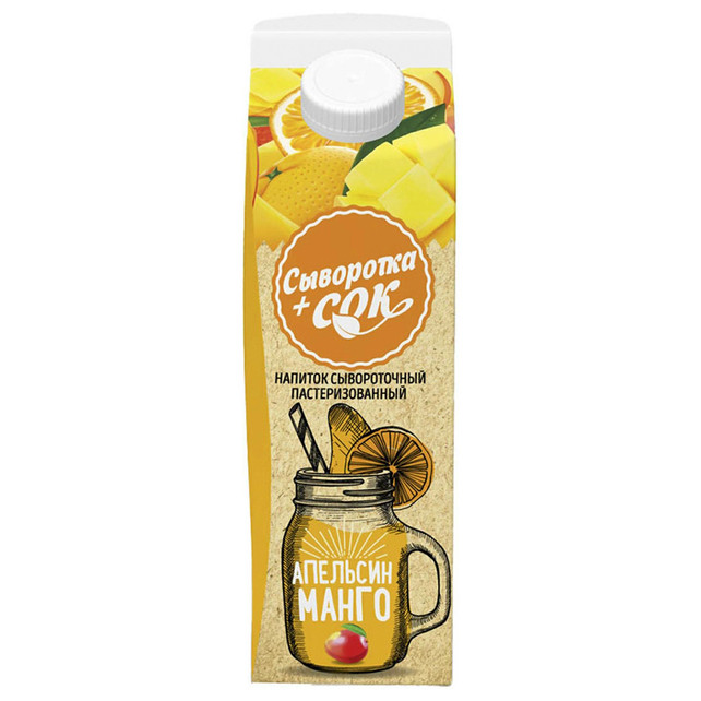 Напиток сывороточный Волжаночка Апельсин-манго пастеризованный с фруктовым соком, 450мл