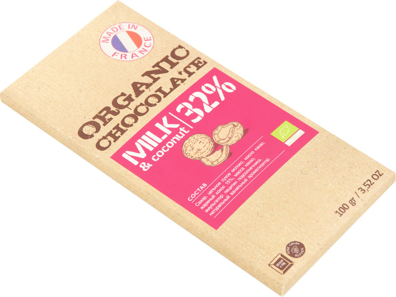 Шоколад молочный Organic Chocolate с жареным кокосом 32%, 100г — фото 1