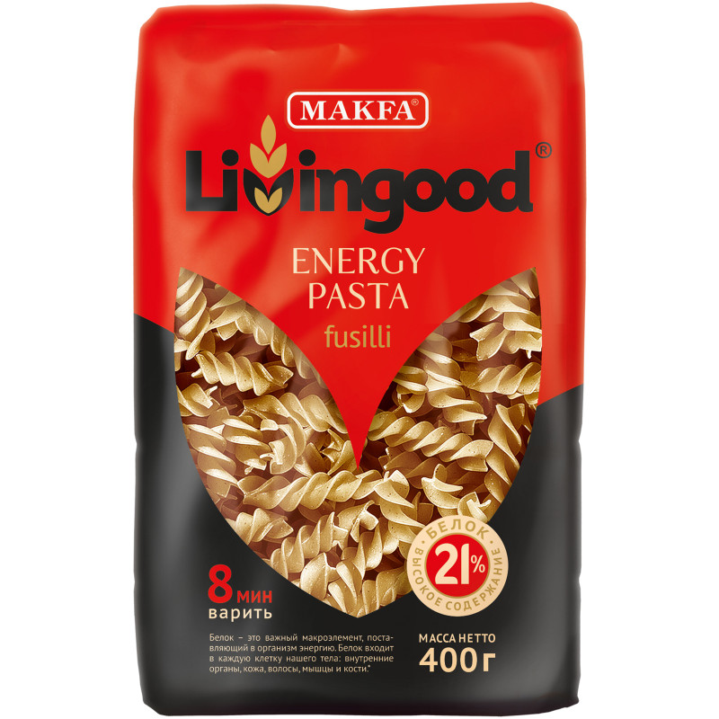 Макароны Livingood Energy Pasta Fusilli высокобелковые, 400г