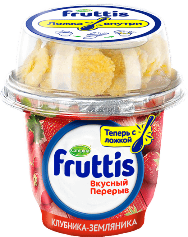 Продукт йогуртный Campina Fruttis Break клубника-земляника-кукурузные хлопья 2.5%, 165+10г — фото 1