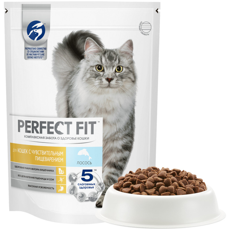 Сухой корм Perfect Fit для взрослых кошек с чувствительным пищеварением с лососем, 650г — фото 2