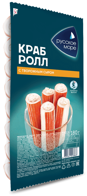 Крабовые палочки Русское Море Краб-ролл с сыром пастеризованные охлаждённые, 180г